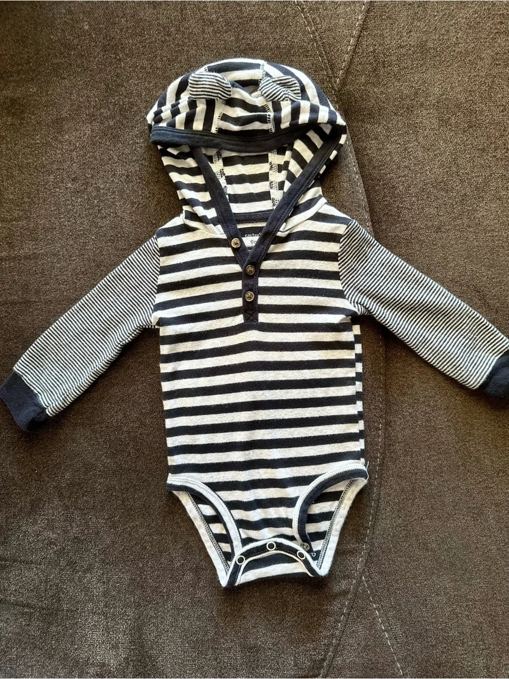 Striped Hooded and Henley Baby One-Piece Set - Navy & Gray
